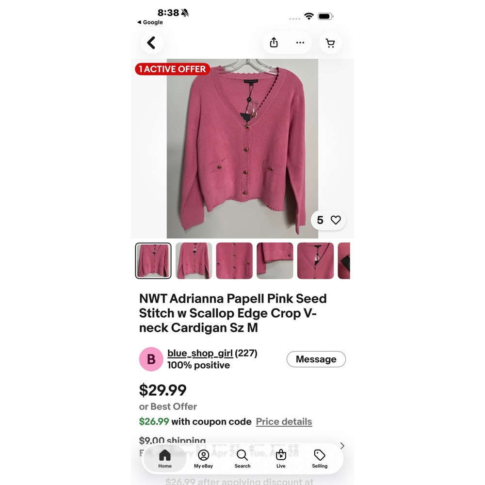 Adrianna Papell Women M/L Cardigan Pink Crop Scalloped Button Preppy Chic Knit - Picture 11 of 11